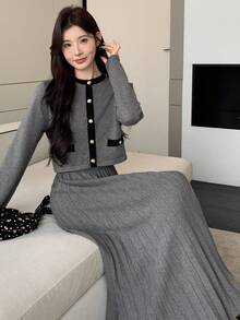 DAZY Bộ áo len cardigan cổ tròn và chân váy 2 món màu tương phản dành cho nữ, mùa thu - Xám - Xem 6