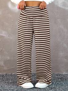 Coolane Kids Pantaloni de vară cu talie joasă, minimalisti, cu dungi, stil streetwear pentru fete preadolescente, casual, pentru purtare zilnică - cafea maro - Vizualizare 1