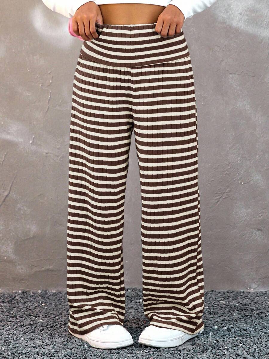 Coolane Kids Pantaloni de vară cu talie joasă, minimalisti, cu dungi, stil streetwear pentru fete preadolescente, casual, pentru purtare zilnică - cafea maro - Vizualizare 1