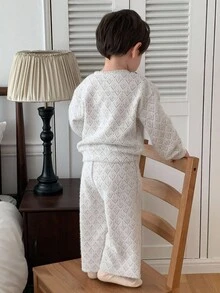 DAZY 2 件套男宝宝韩版休闲长袖 T 恤和宽松裤子睡衣套装秋冬 - 白色 - 查看 2