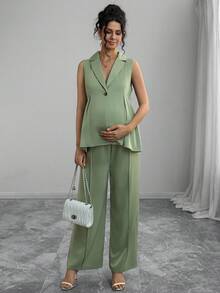 Momance Sleeveless Suit Set, Elegant & Romantic Fitted Waistline Business Maternity Outfit - Green - View 6
