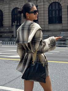 DAZY 女士优雅图案腰带常规款外套，秋冬格子女式大衣 - 灰色 - 查看 2