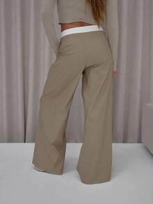 MUSERA 不对称撞色腰带褶裥阔腿西装裤，优雅可爱性感街头风，适合夜间外出和春季穿着。 - 卡其色 - 查看 4