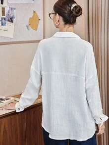 Siren Gaze 落肩口袋贴片纽扣前襟衬衫，长袖上衣 - 白色 - 查看 3