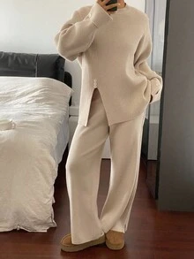 DAZY Women's Casual Solid Color Crew Neck Sweater And Pants 2-Piece Set, Autumn