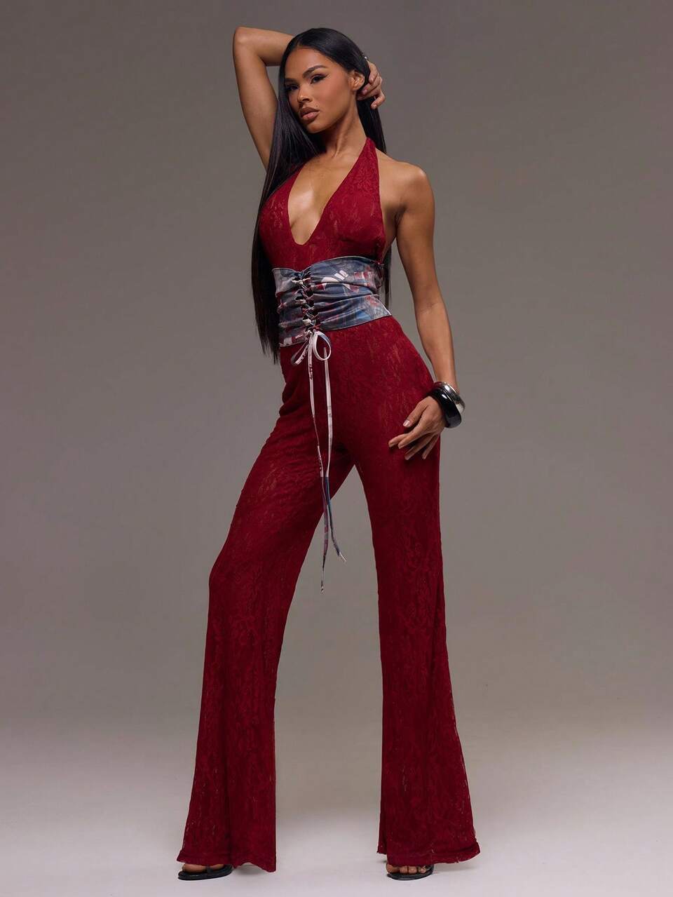 Women Jumpsuits  Party Lace Halter Neck Flare Cinched Corset Waist Jumpsuit Elegant Summer Casual