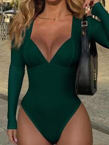 SHEIN 女士时尚性感纯色细肩带深V紧身衣 - 墨綠色 - 查看 3