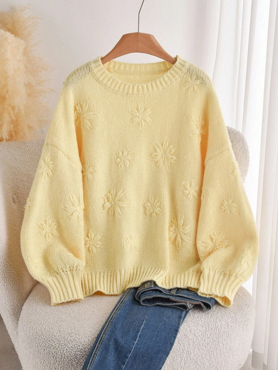 CosyJoli 大码女式休闲纯色圆领长袖套头毛衣针织毛衣黄色毛衣秋冬女装 - 米色 - 查看 1