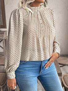 EMERY ROSE Plus Size Women Elegant Floral Print Frill Trim Blouse - Brown - View 3