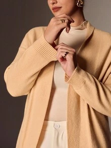 Juhart Áo khoác cardigan tay dài dáng rộng màu trơn thường ngày cỡ lớn dành cho nữ - Màu be - Xem 6