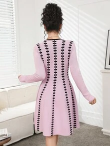 Modelyn Damen elegantes V-Ausschnitt Langarm Schleifenmuster Strickkleid, Herbst - Pink - Übersicht 5