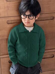 SHEIN Young Boys' Casual Twist Floral Front Zip Knit Cardigan Fall Winter - Dark Green - View 7