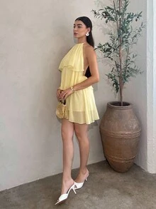 Andrea Bello 夏季海滩度假纯红色层叠荷叶蛋糕雪纺迷你连衣裙，适合日常约会、夜间外出、夜总会、派对、聚会、鸡尾酒会、泳池派对、返校季服装、学校季连衣裙、节日连衣裙、芭蕾舞裙 - 黃色 - 查看 5