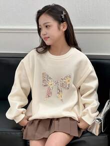 Dazy Kids Tween Mädchen Pullover mit Schleife, gestrickt und mit Fleece gefüttert, langärmlig, modisch und stilvoll für Herbst/Winter