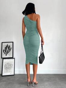 EURMUSE Women's Minimalist Solid Color Pleated Asymmetric Neck Midi Dress - Mint Green - View 2