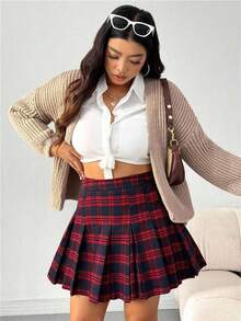 SHEIN EZwear 大码复古格子褶皱 A 字裙 - 彩色 - 查看 4