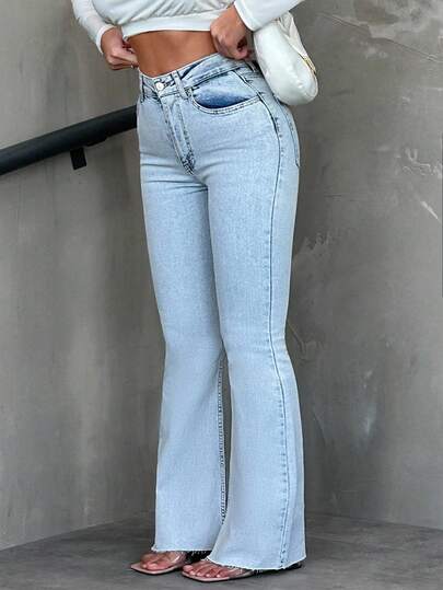 EURMUSE Women's High Waist Pocket Flare Casual Versatile Jeans Y2k Jeans Light Wash Jeans Light Blue Jeans Flared Jeans Low Rise Flared Jeans
