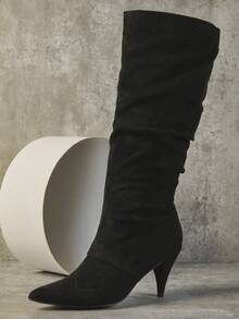 SHUZIA Fashionable Women's Chocolate Faux Suede Knee High Low Kitten Heel Slouchy Pointed Toe Boots Comfort Fall Winter Holiday Shoe - Black - View 2