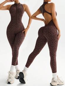 Dewbera 1pc Women's Seamless Sexy Front Zipper Stand Collar Racerback Sleeveless Deep V-Back Yoga Gymnastics Dance Exercise Jumpsuit Leopard Print Workout Jumpsuit Seamless Yoga Jumpsuit Gym Jumpsuit Activewear Jumpsuit Brown Leopard Workout Set Backless Workout Jumpsuit Leopard Print Gym Clothes
