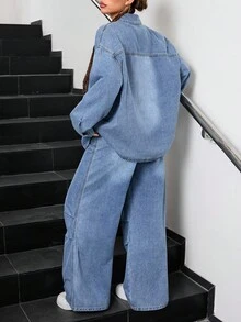 SHEIN 2pcs/Set Teen GirlBlue Denim Loose Shirt And Pants, , Two Piece Denim Set, Wide Leg Denim Set, Denim Outfit Women, Blue Two Piece Set, Fall Winter
