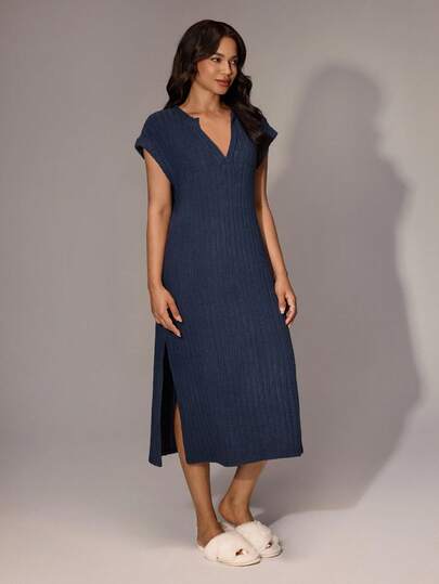 SHEIN Lazeform 纯色宽罗纹拉绒 V 领短袖休闲家居连衣裙