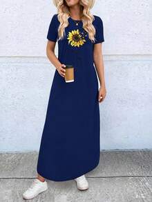 EMERY ROSE Women's Summer Sunflower Printed T-Shirt Style Dress Maxi Women Outfit - Navy Blue - View 1