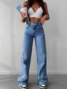 SHEIN PETITE Jeans a gamba dritta con orlo grezzo in 100% cotone, taglia petite