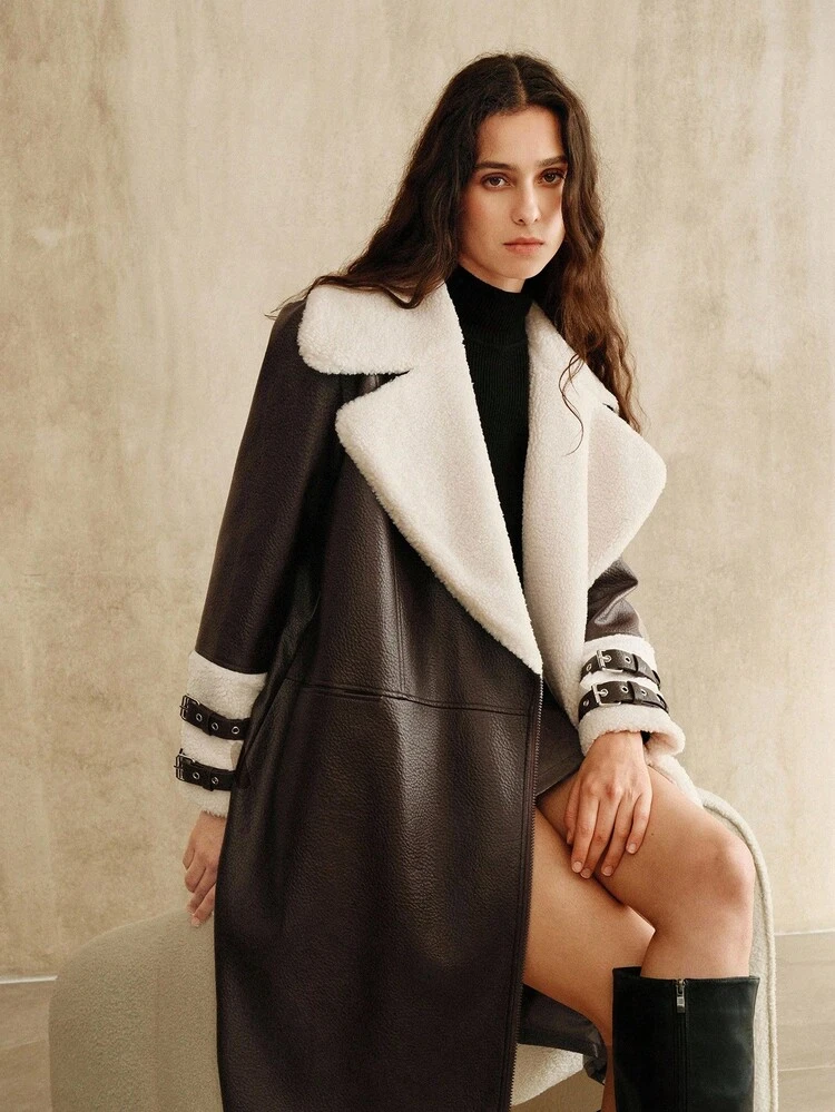 女性用ファッショナブルなターンダウンカラー フェイクファー裏地 長袖デザイン ロングコート、秋、冬、外出、エレガント、フォーマル、パーティー、シック、新年に適しています