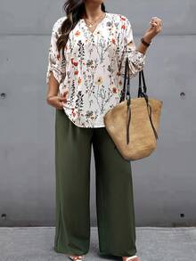 Breezaya Bộ 2 món áo dài tay in họa tiết ngẫu nhiên cỡ lớn và quần dài màu trơn - Nhiều màu - Xem 3