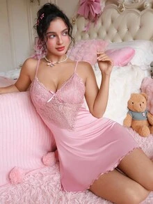 PetitDoll 女式简约纯色性感蕾丝花边吊带睡衣 - 粉色 - 查看 5