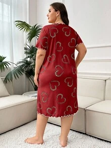 加大码豹纹爱心印花短袖睡裙，Moo Moo睡衣 - 紅色 - 查看 2