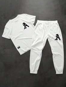 GENIUS ODE Men Letter Print Simple Round Neck Short Sleeve T-Shirt And Long Pants Set, Cozy Outfits - White - View 1