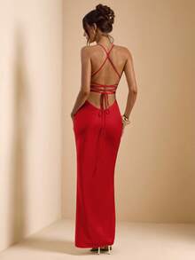 SHEIN BAE Váy đuôi cá satin dài, hở lưng, cổ chữ V sâu màu mơ và trắng, dây mảnh, dáng suông, buộc nơ, đầm thanh lịch, đầm đi nghỉ, đầm phù dâu, đầm dự tiệc sinh nhật, đầm tốt nghiệp, đầm trắng - Đỏ - Xem 2