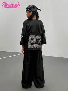 2 件套青少年女孩休闲 V 领 T 恤和工装裤，豹纹拼布运动时尚套装，舒适 - 黑色 - 查看 2