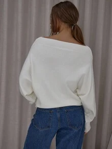 MUSERA 船领宽松蝙蝠袖开衫，正面按扣设计，可爱优雅性感，街头风，适合夜间外出、晚宴派对等场合，冬春皆宜。 - 白色 - 查看 2