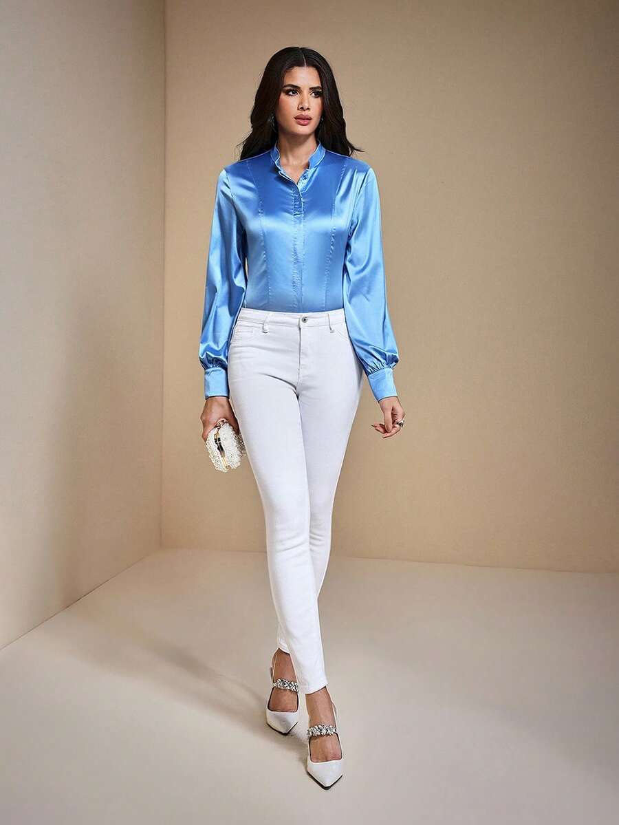 JIAN LASALA Stehkragen Laterne Langarm Figurbetontes Satin Knopfleiste Bluse Damen Frühling Herbst Elegant Winter Hochzeitsgast Luxuriöse Stilvolle Bekleidungskollektion - Blau - Übersicht 1