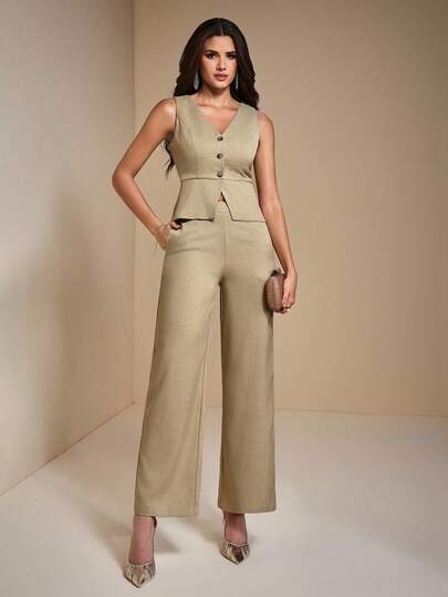 JIAN LASALA Mid-Waist Straight Leg Solid Woven Casual Pants Women Autumn Casual Wear Fall Clothes For Women Going Out Party Pants New Year Outfits Wedding Guest Luxury Stylish Clothing Collection