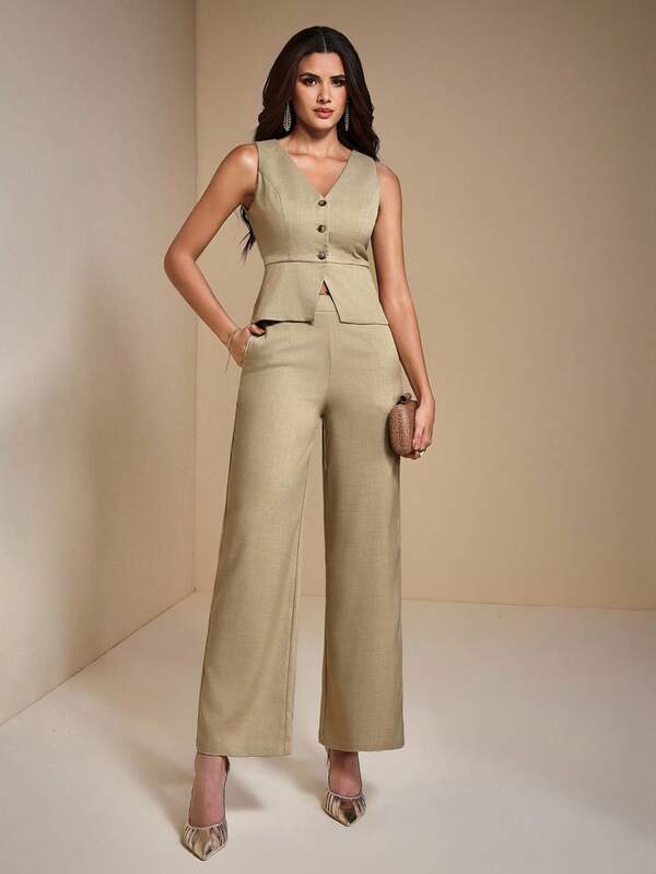 JIAN LASALA Mid-Waist Straight Leg Solid Woven Casual Pants Women Autumn Casual Wear Fall Clothes For Women Going Out Party Pants New Year Outfits Wedding Guest Luxury Stylish Clothing Collection