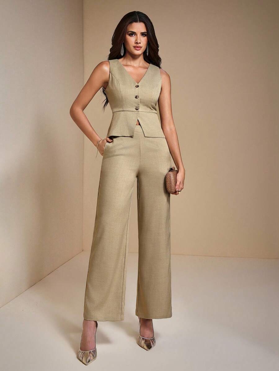 JIAN LASALA Mid-Waist Straight Leg Solid Woven Casual Pants Women Autumn Casual Wear Fall For Women Going Out Party Pants New Year Wedding Guest Luxury Stylish Collection - Yellow - View 1