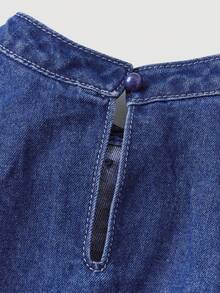 SHEIN 少女蝴蝶装饰长袖纽扣设计荷叶边下摆时尚牛仔连衣裙 - 深色水洗藍 - 查看 4