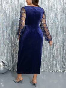 DreamSkyne Plus Size Women Velvet Patchwork Sequin Mesh Sleeve Split Hem Bodycon Dress Maxi Women Outfit Fall - Navy Blue - View 2