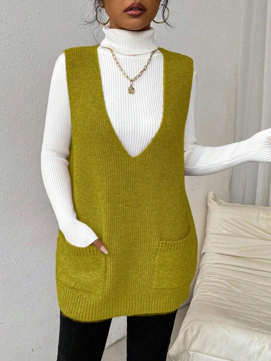 EMERY ROSE Women's Solid Color Deep V-Neck Pocket Design Casual Loose Knitted Vest, Autumn/Winter - Green - View 1