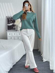 EMERY ROSE New Floral Trim Round Neck Loose Casual Women Sweater - Green - View 3