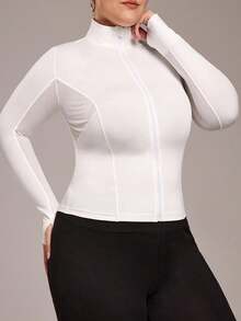 Rhythm Era Plus Size Women's Stand Collar Raglan Sleeve Fitted Athletic Jacket - White - View 5