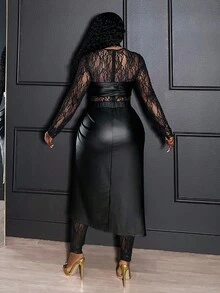 Slaydiva Lễ hội âm nhạc mùa xuân, hè, thu, đông, Lễ Phục sinh, phong cách miền Tây, tiệc sinh nhật kiểu du mục, thường ngày, kỳ nghỉ, du lịch biển, bãi biển, tắm nắng, gây sốt trên mạng, bộ jumpsuit ren xuyên thấu xẻ cao màu đen gợi cảm, chân váy và áo PU xoắn ngoài, bộ 2 món cỡ lớn, váy Halloween cỡ lớn màu đen xuyên thấu, váy giả da Ghostface, váy xuyên thấu cỡ lớn bằng da. - màu đen - Xem 2