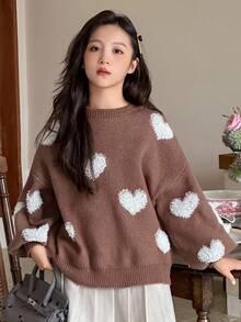 DAZY 秋冬时尚少女心形灯笼袖毛衣 - 棕色 - 查看 7