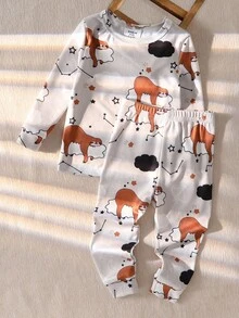 2pcs Infant/Toddler Boys' Khaki Cartoon Sloth Print Long Sleeve Bodysuit & Pants Pajama Set - Khaki - View 5