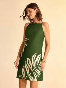 CAJUNI 女式波西米亚热带植物叶印花棕色细肩带迷你连衣裙，图案 - 綠色 - 查看 4