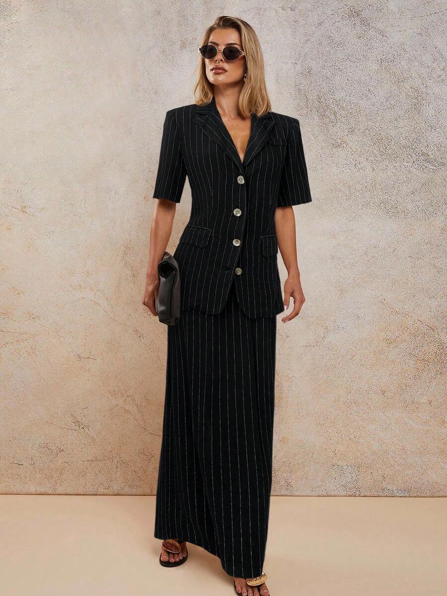 COSMINA Women's Striped Lapel NeckShort Sleeve Single-Breasted Jacket And Skirt Casual 2 Pieces Set - Black - View 1