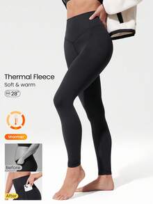 GLOWMODE 28" FeatherFit™-Warm High Waist Leggings With Side Pockets Low Impact Yoga Daily Autumn Winter - Black - View 1